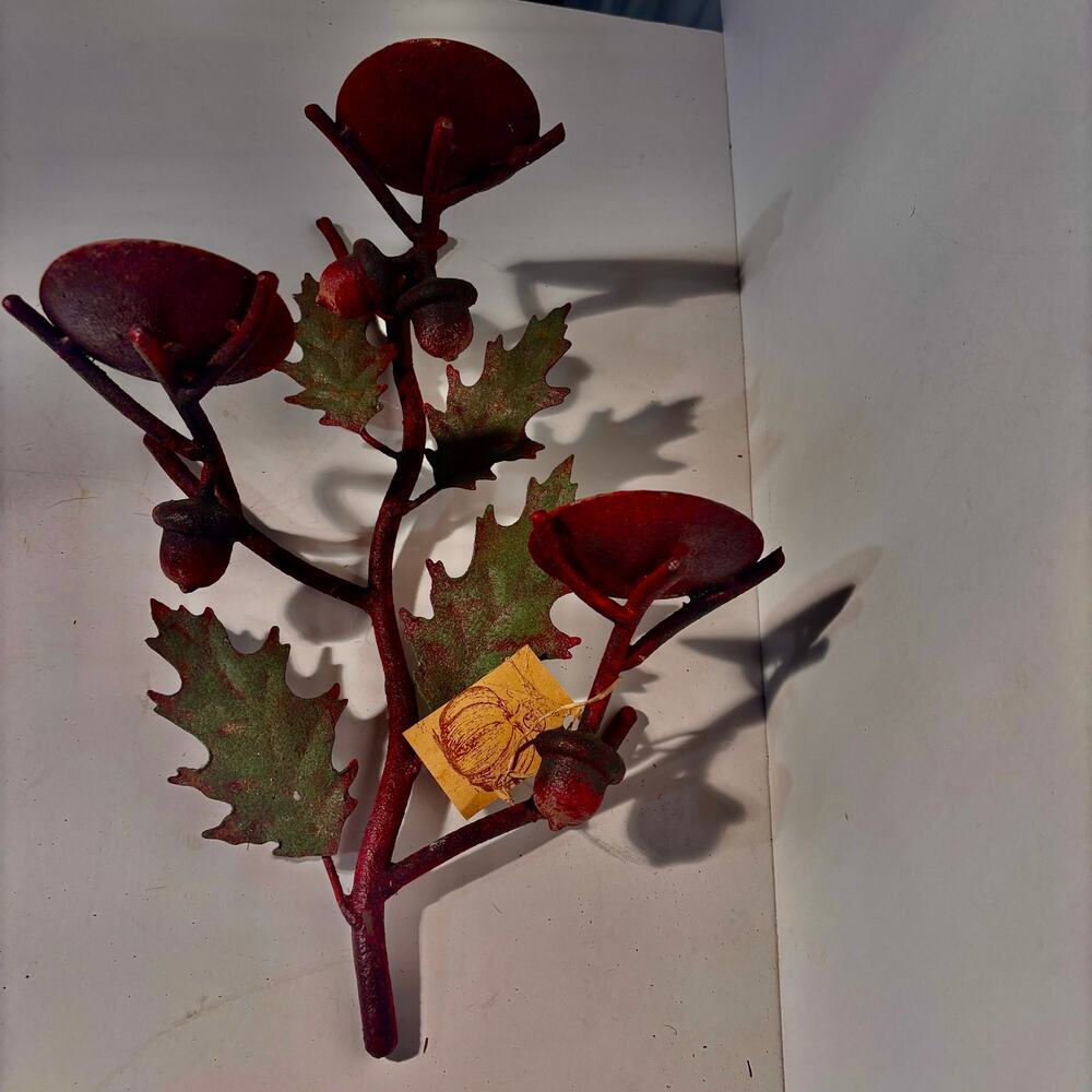 Wall Sconce Candle Holder Rustic Leaves & Acorns 14 X 10" Holds 3 pillar candles - Picture 5 of 14